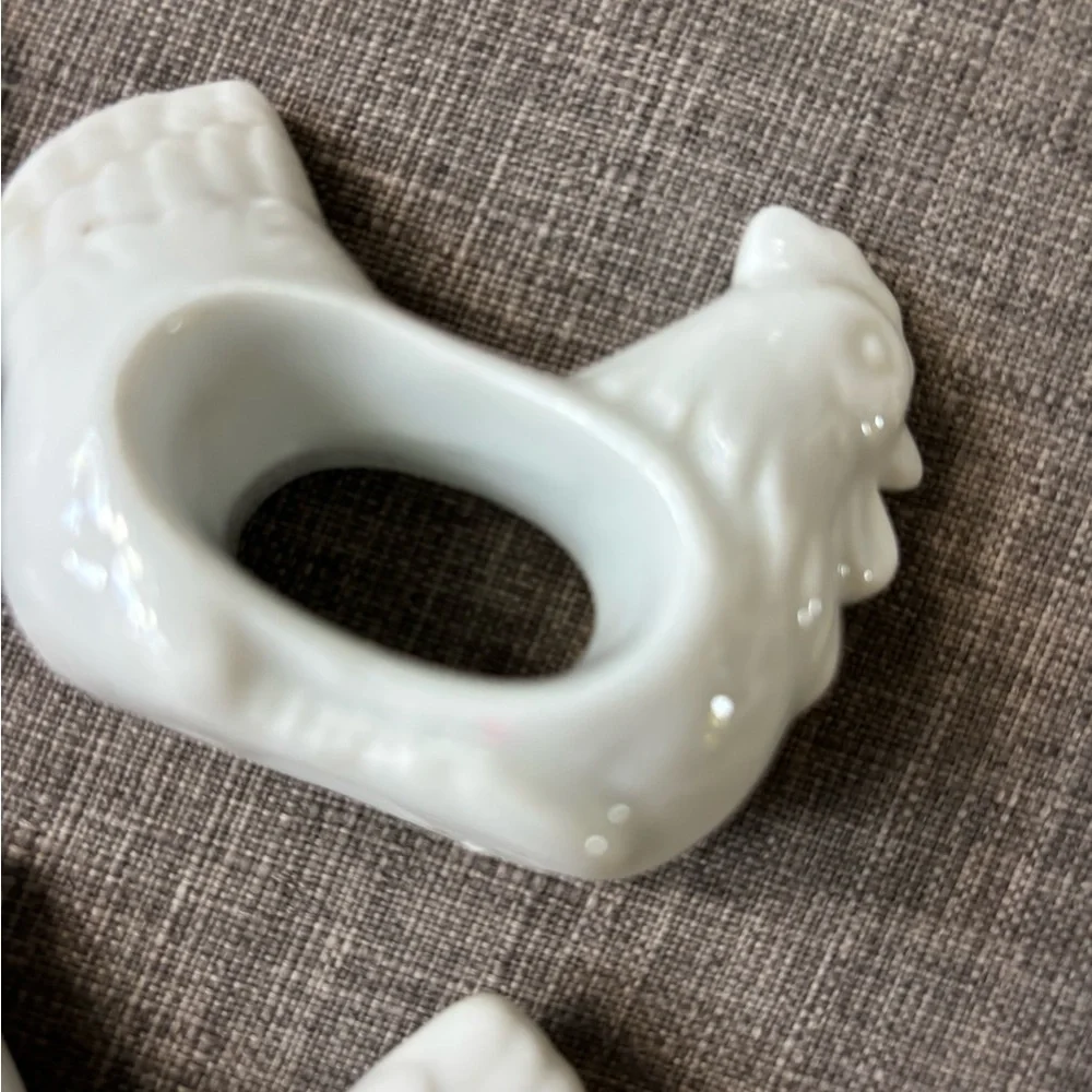 White Ceramic Rooster Napkin Rings Set
